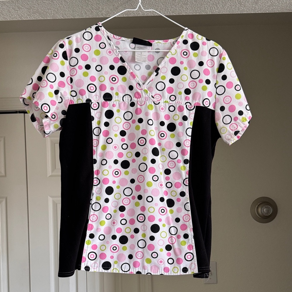 Cherokee Pink, Black, White & Lime Circle Print V-Neck Scrub Top